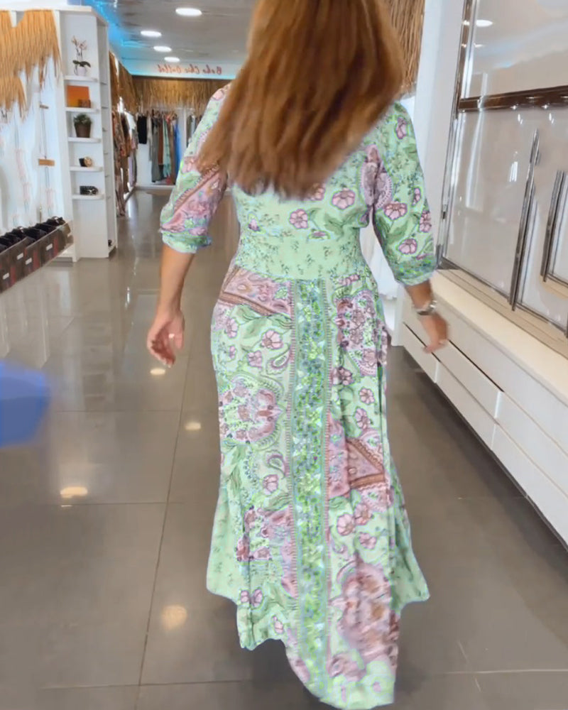 Astrid | Romantisk maxikjole med bohemeprint og bindebånd