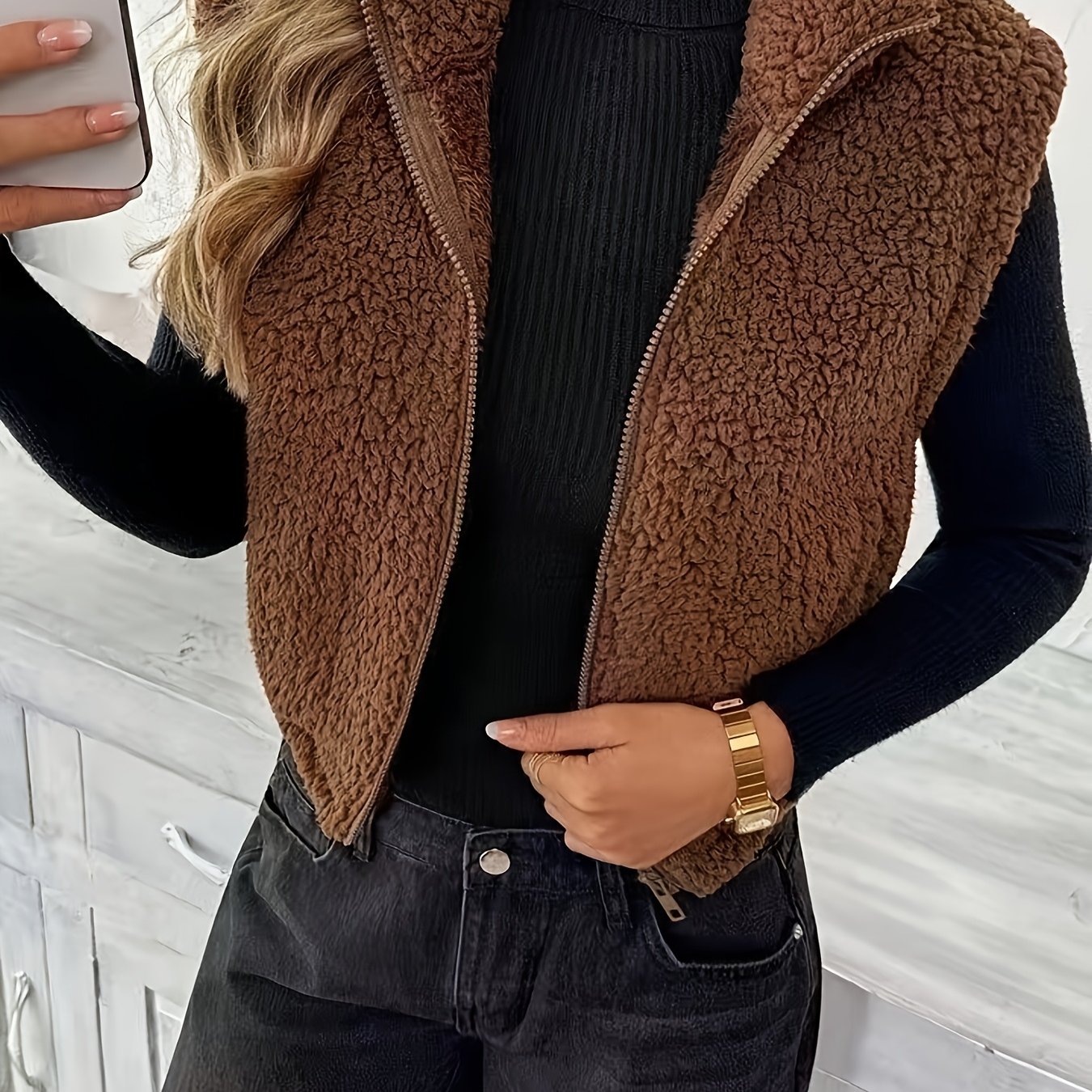 Mette™ | Blød teddyvest med lynlås