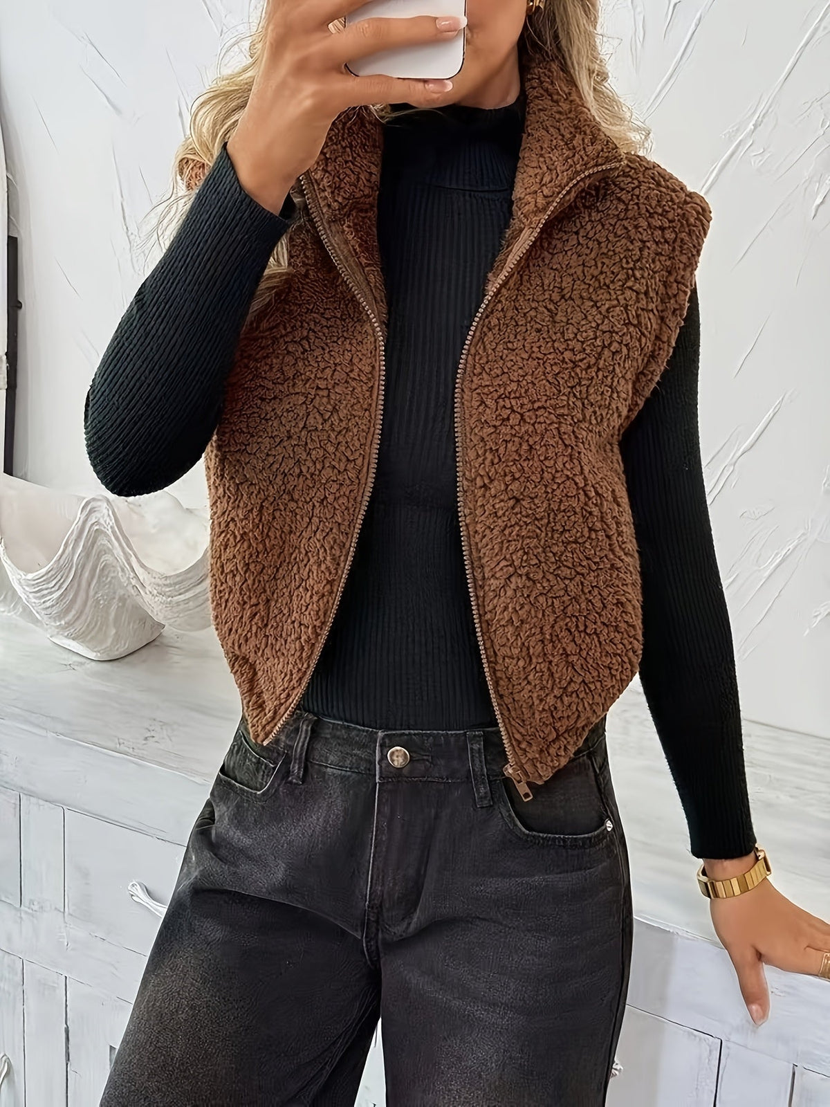 Mette™ | Blød teddyvest med lynlås