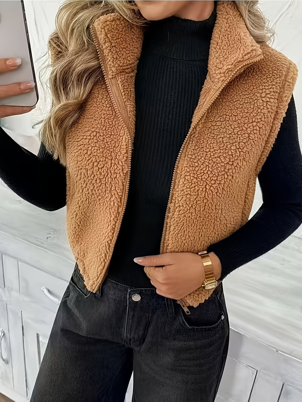 Mette™ | Blød teddyvest med lynlås