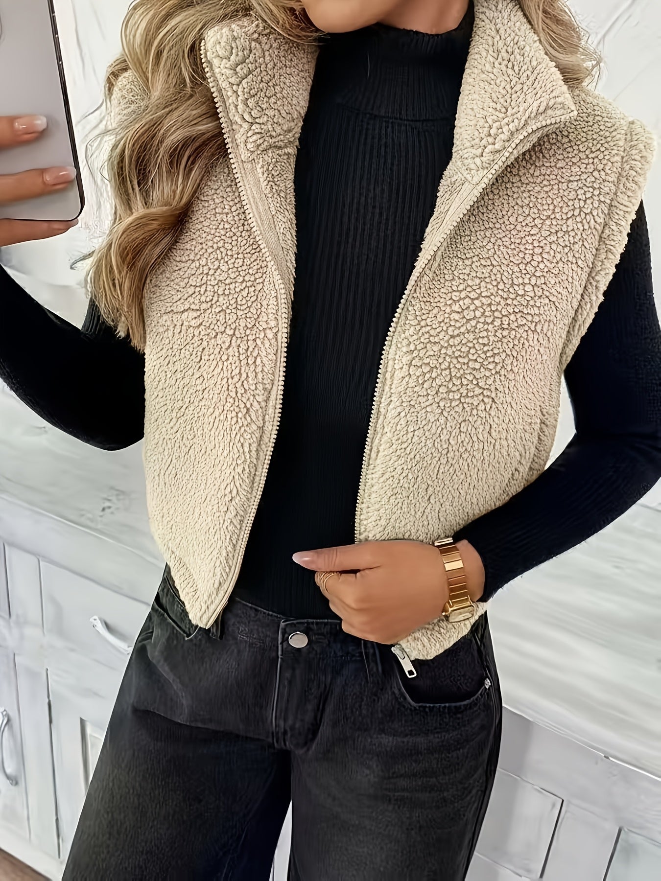 Mette™ | Blød teddyvest med lynlås