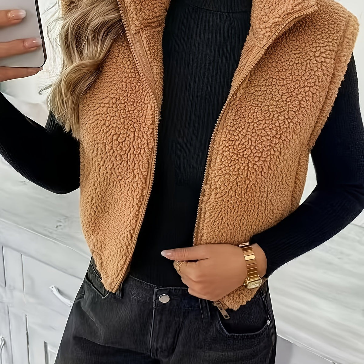 Mette™ | Blød teddyvest med lynlås