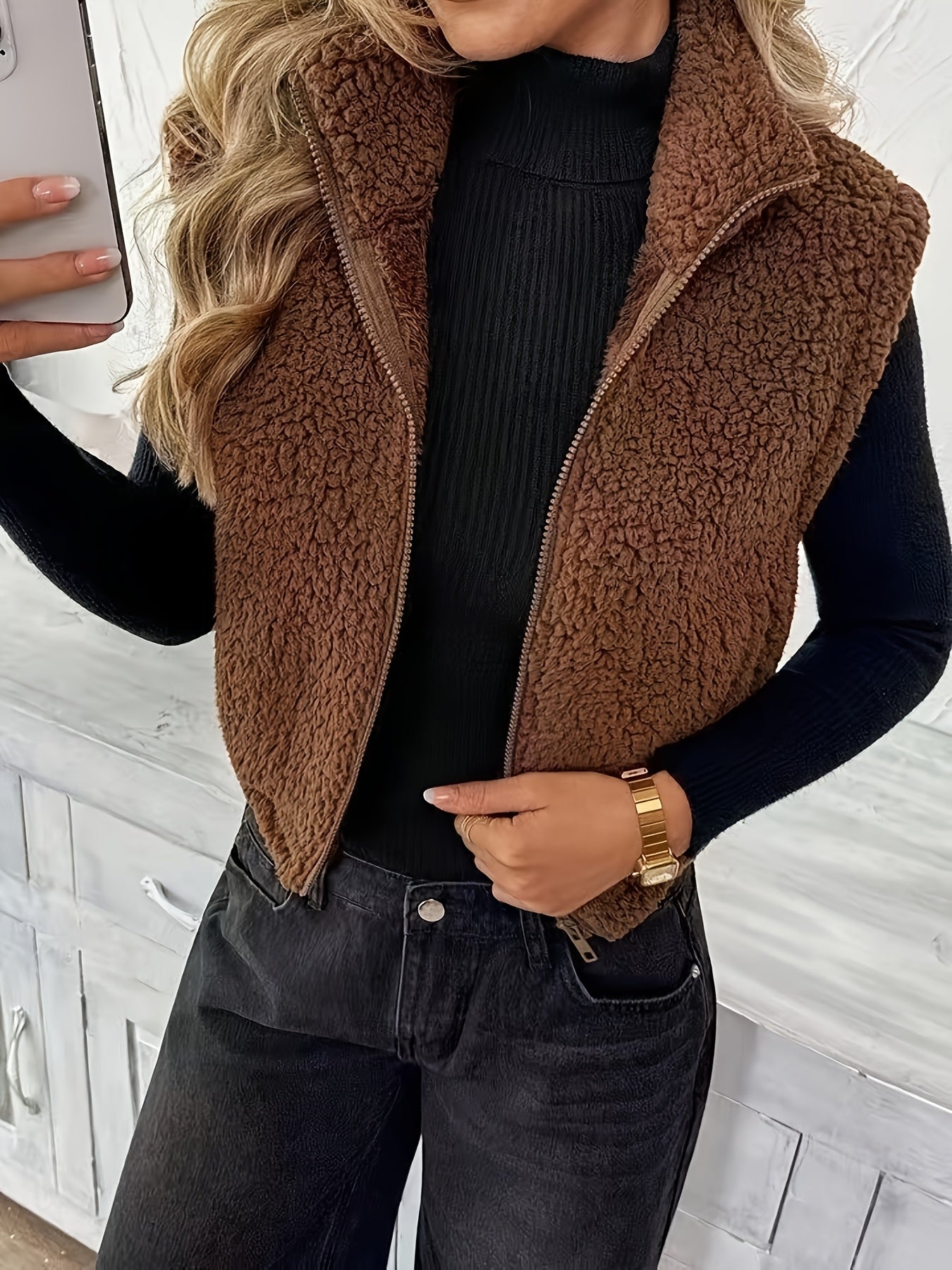 Mette™ | Blød teddyvest med lynlås